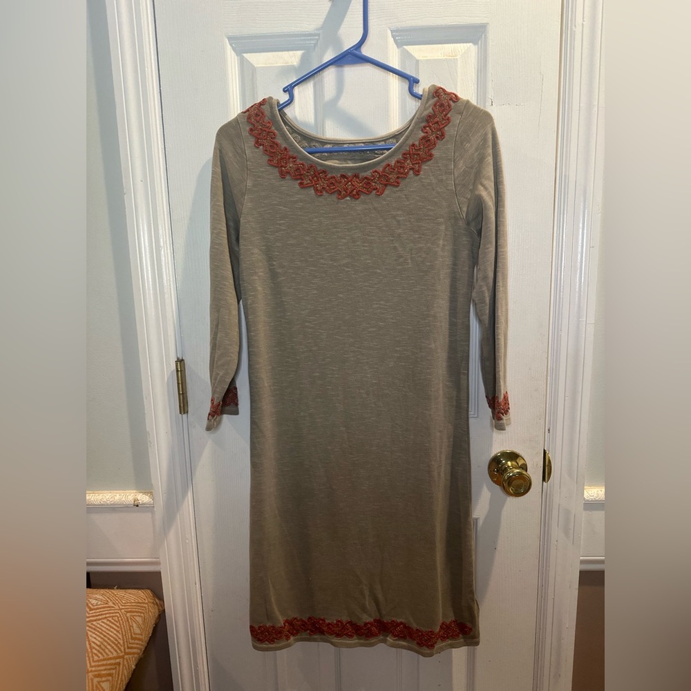 Free People‎ Dress Beige Coral Embroidered Back Cutout Med Knee Length